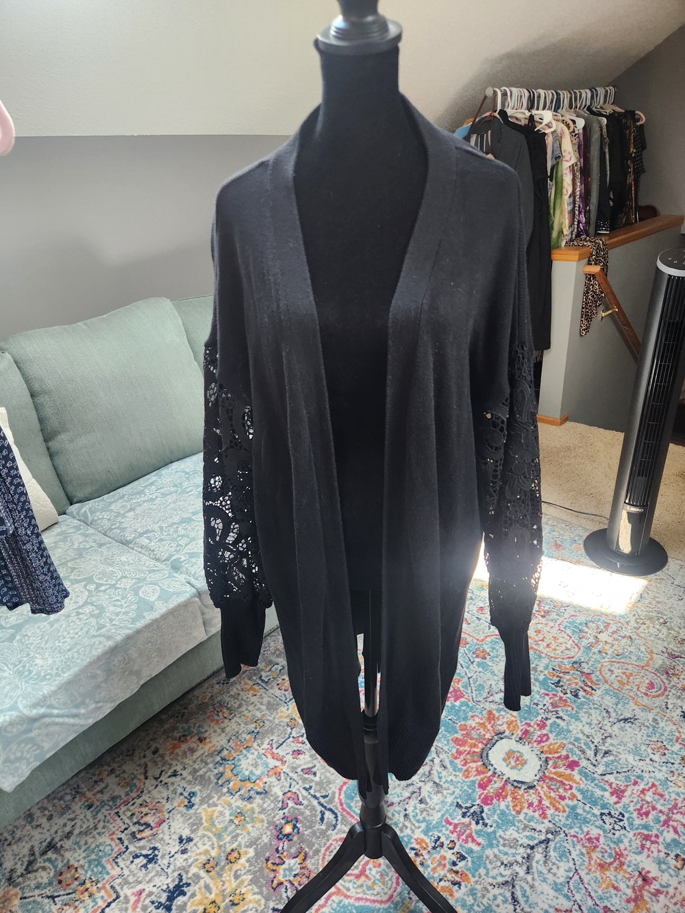 Torrid Black Open-Front Cardigan Lace Sleeves 1X Plus Cotton Blend